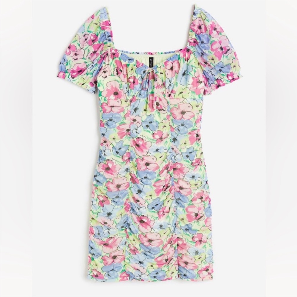 H&M Floral Puff Sleeve Mini Dress - Pink, Blue, Green size large